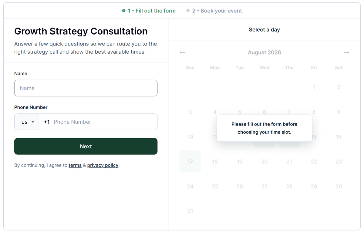 FormBook booking screen offering calendar slots only after the qualification questions are complete