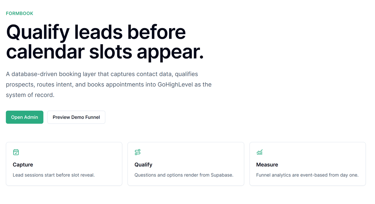 FormBook scheduling product page with the headline: qualify leads before calendar slots appear