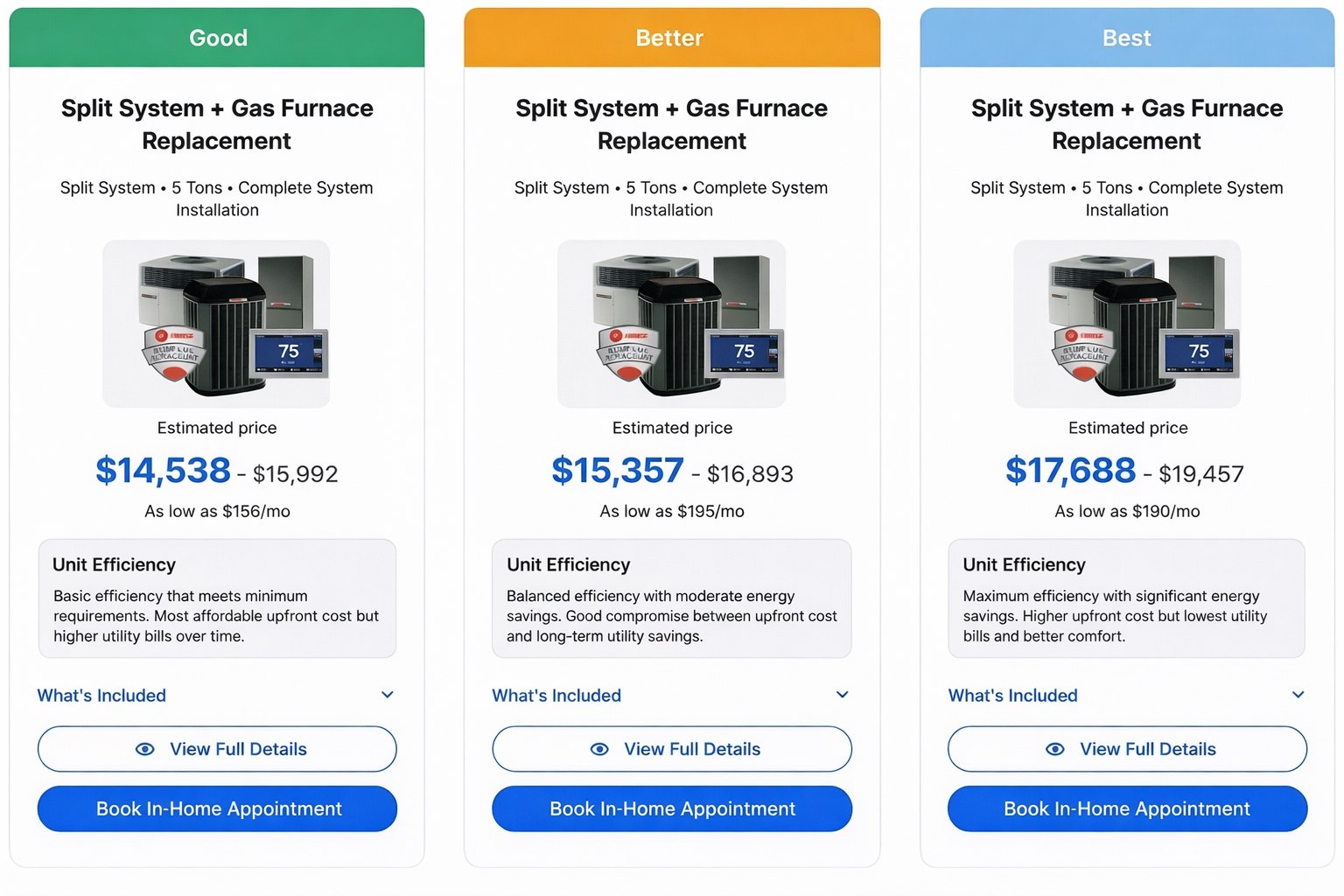 LeadQuote instant quoting tool showing a good, better, best HVAC replacement quote with three price tiers