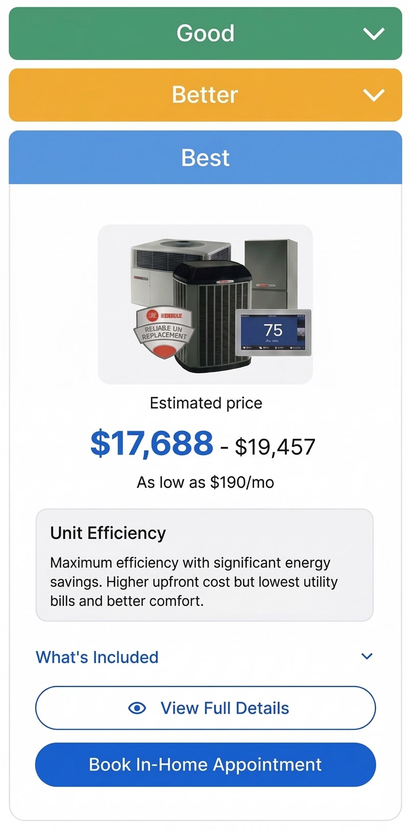 LeadQuote instant quote on a phone screen, with the three-option pricing stacked for mobile
